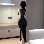 T-1228 Sheer mesh paneled high-slit dress - Image 2