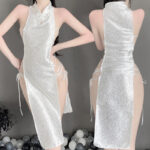 T-2384 Chinese buckle sexy seductive strappy high slit jacquard satin cheongsam nightdress - Image 8
