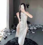 T-2384 Chinese buckle sexy seductive strappy high slit jacquard satin cheongsam nightdress - Image 5